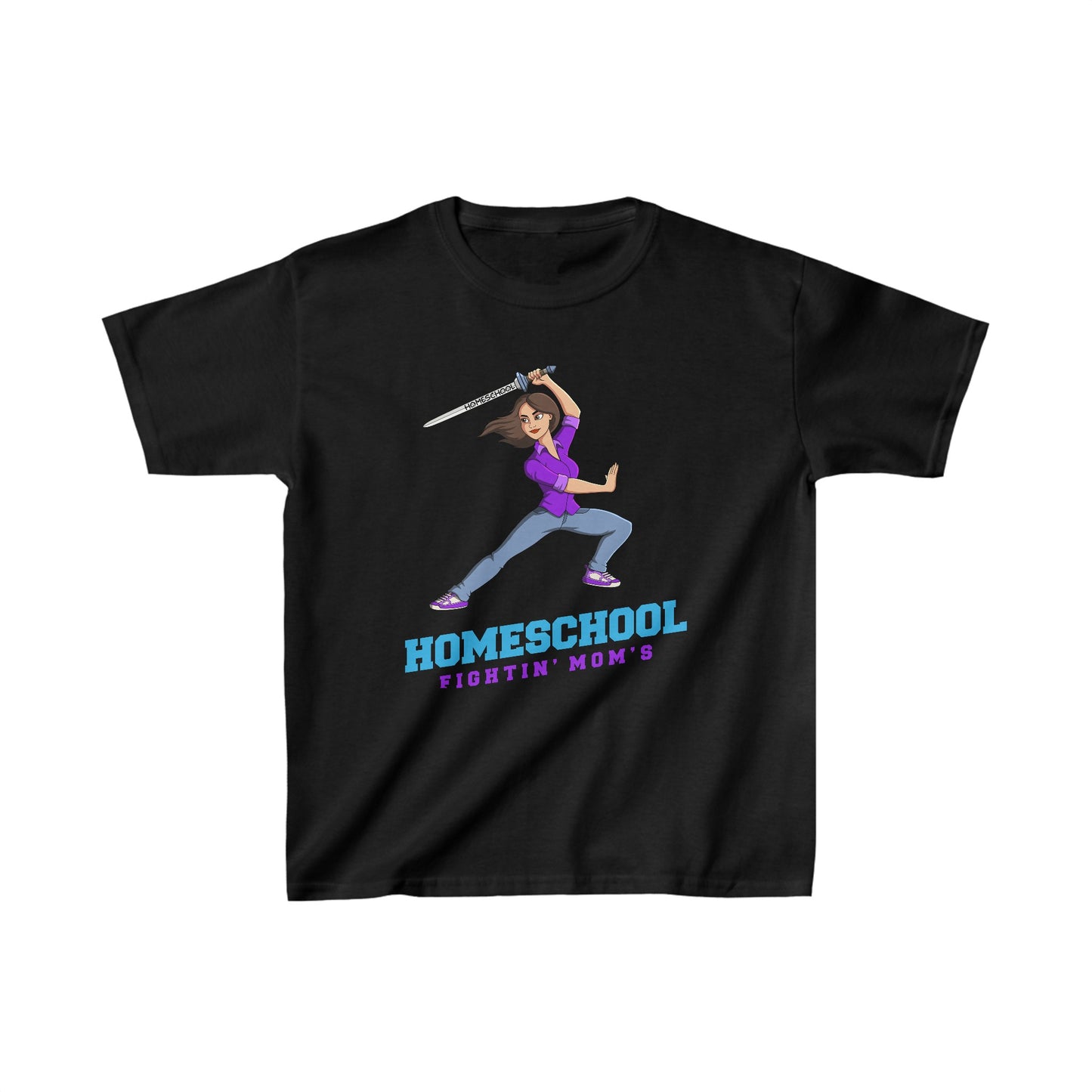 a t-shirt with the slogan homeschool fighitin mom's a kids t-shirt with a cartoon woman with cleverly branding a sword