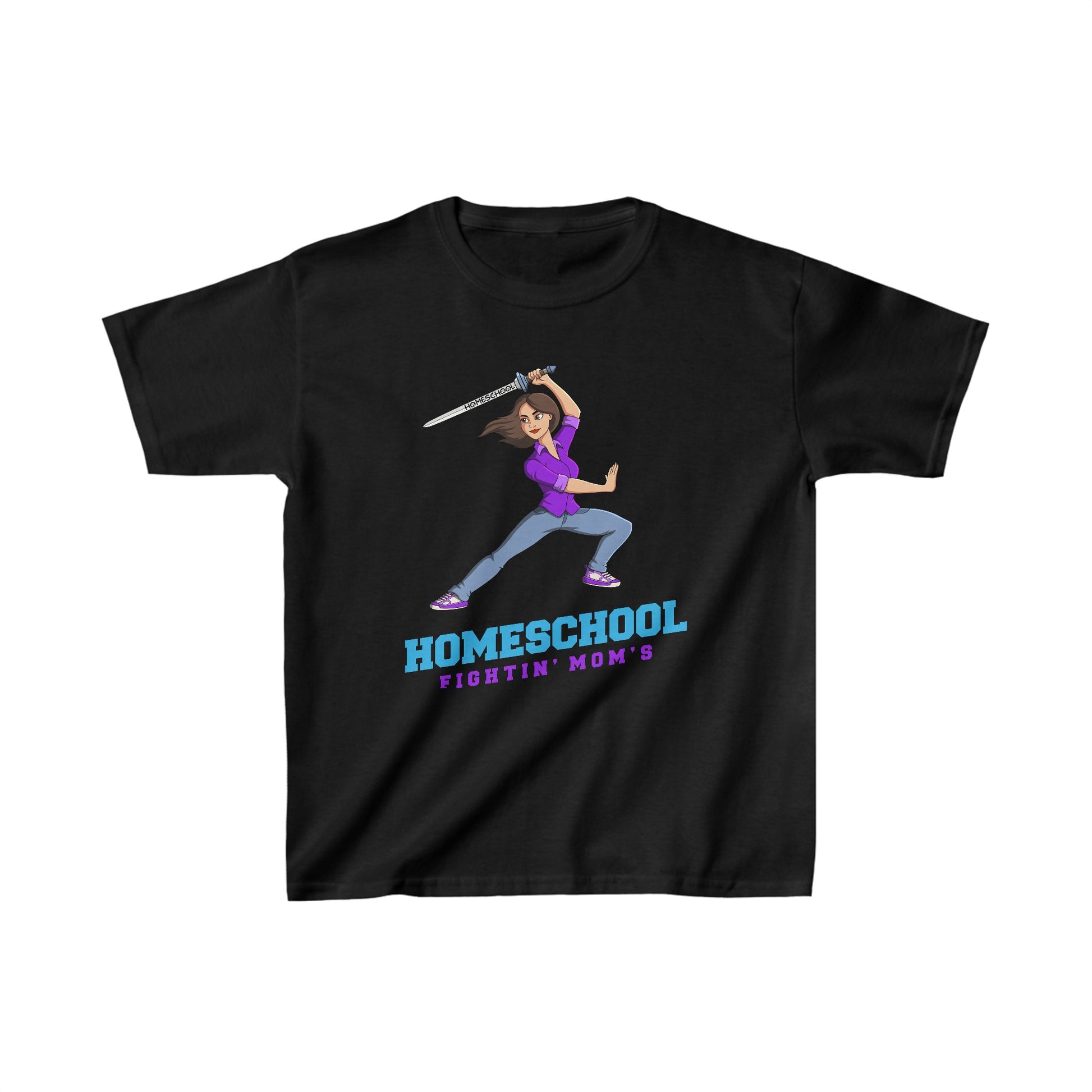 a t-shirt with the slogan homeschool fighitin mom's a kids t-shirt with a cartoon woman with cleverly branding a sword