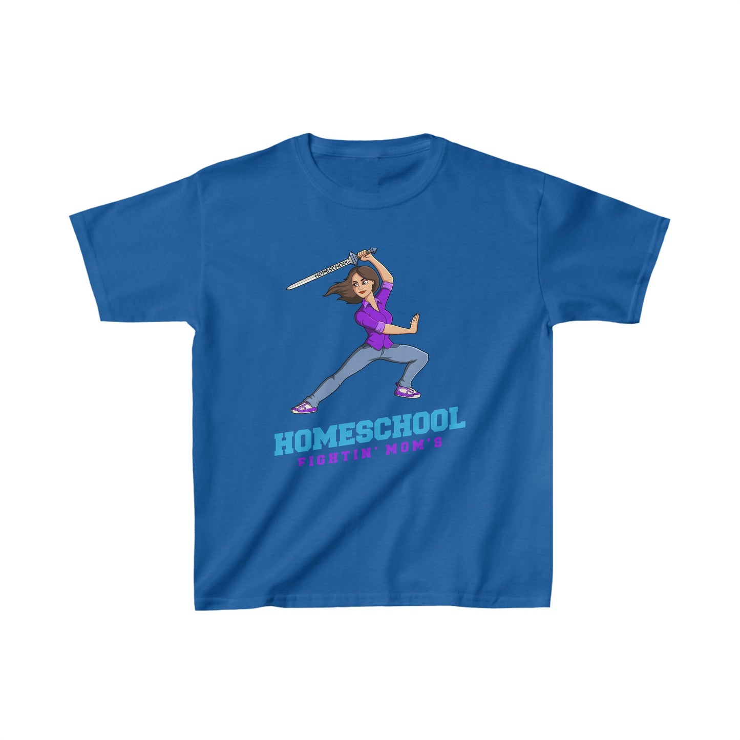a t-shirt with the slogan homeschool fighitin mom's a kids t-shirt with a cartoon woman with cleverly branding a sword