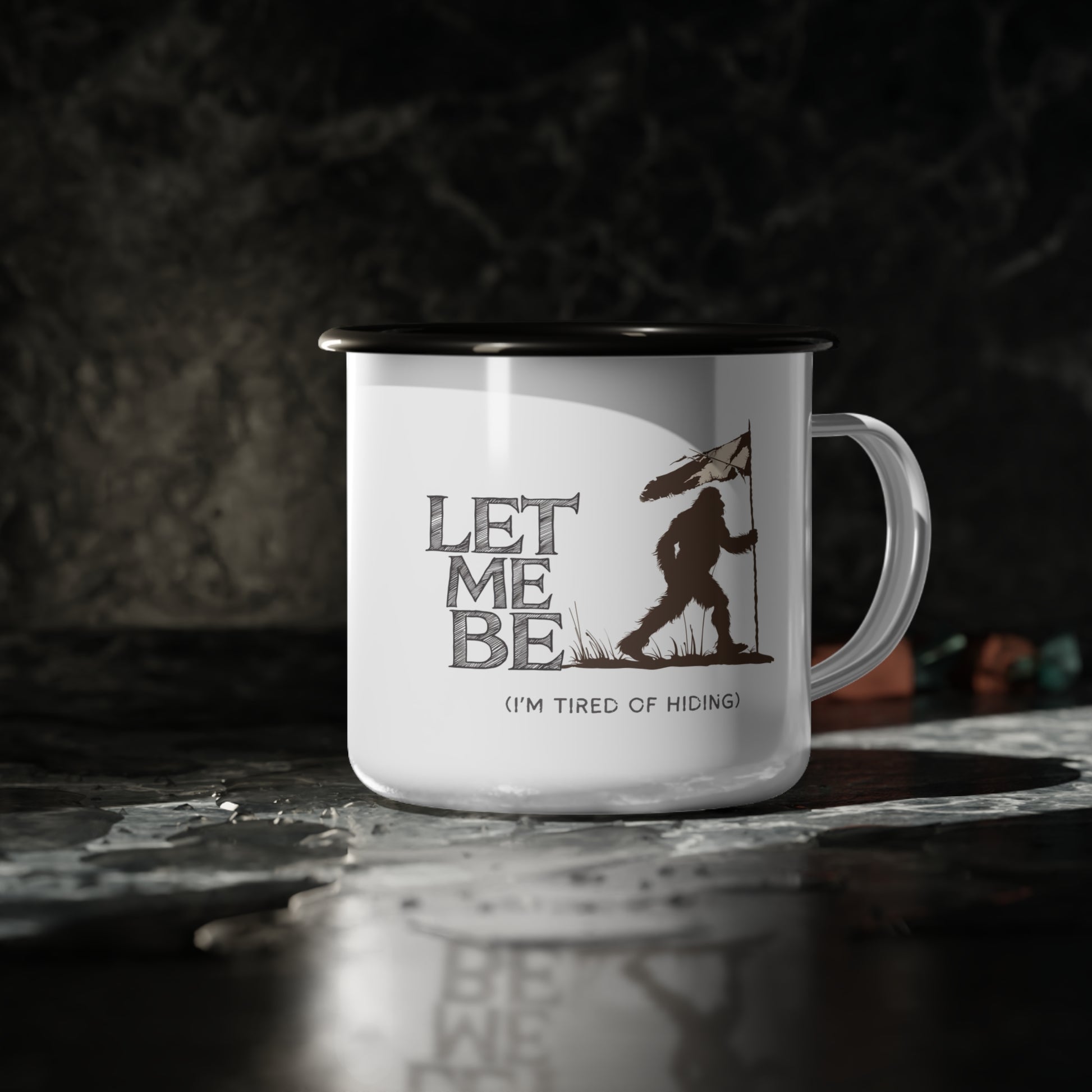 a campers mug with bigfoot roaming the land with the caption of Let Me Be (I'm tired of Hiding)