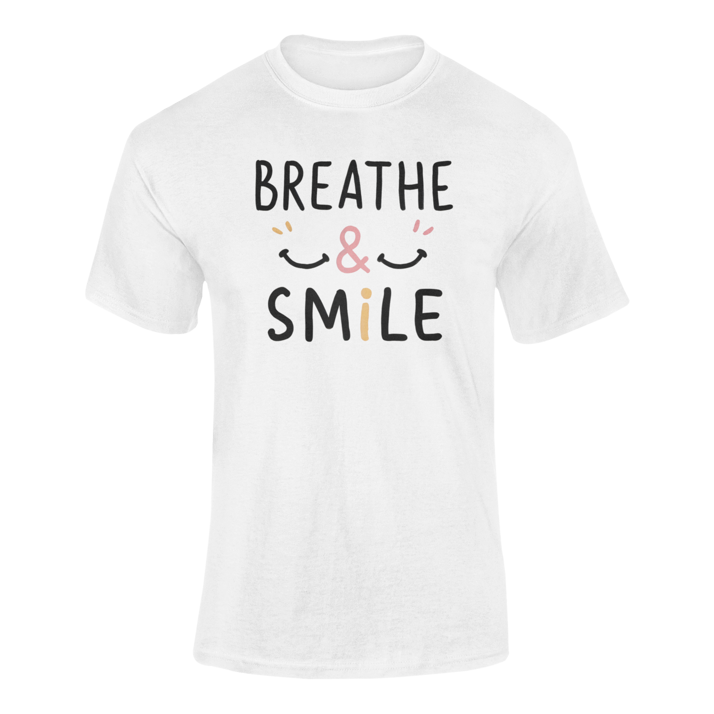 a white t shirt with a happy face and the slogan Breathe & Smile
