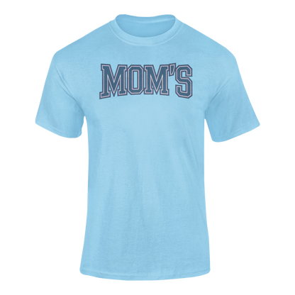 a blue collegiate style logo with the caption Mom's