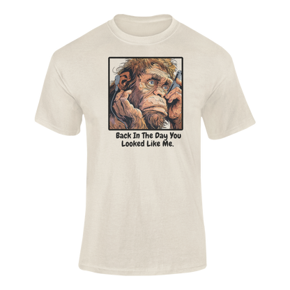 a t shirt of an ape taking a selfie with the funny caption Back In The Day You Looked Like Me