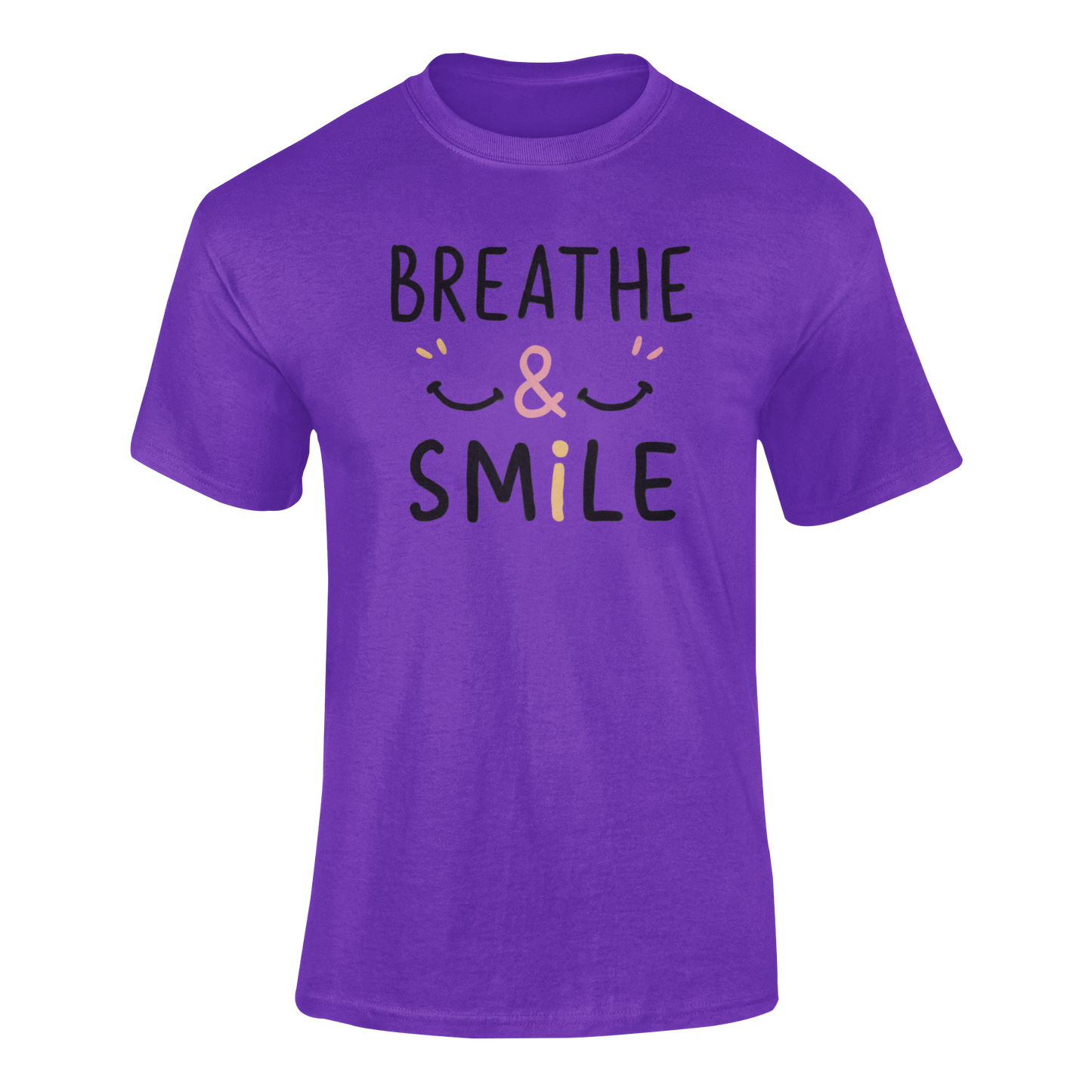 a purple t shirt with a happy face and the slogan Breathe & Smile