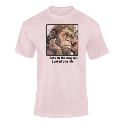 a pink t shirt of an ape taking a selfie with the funny caption Back In The Day You Looked Like Me