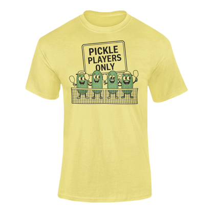 a t shirt with pickles lined up playing pickleball with the slogan Pickle Players Only