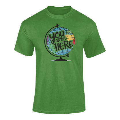 a green illustration of a world globe with the funny caption You Are Here