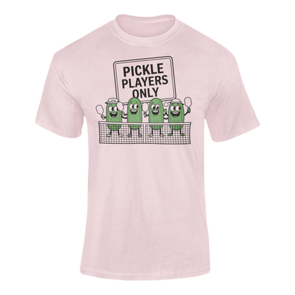 a pink t shirt with pickles lined up playing pickleball with the slogan Pickle Players Only