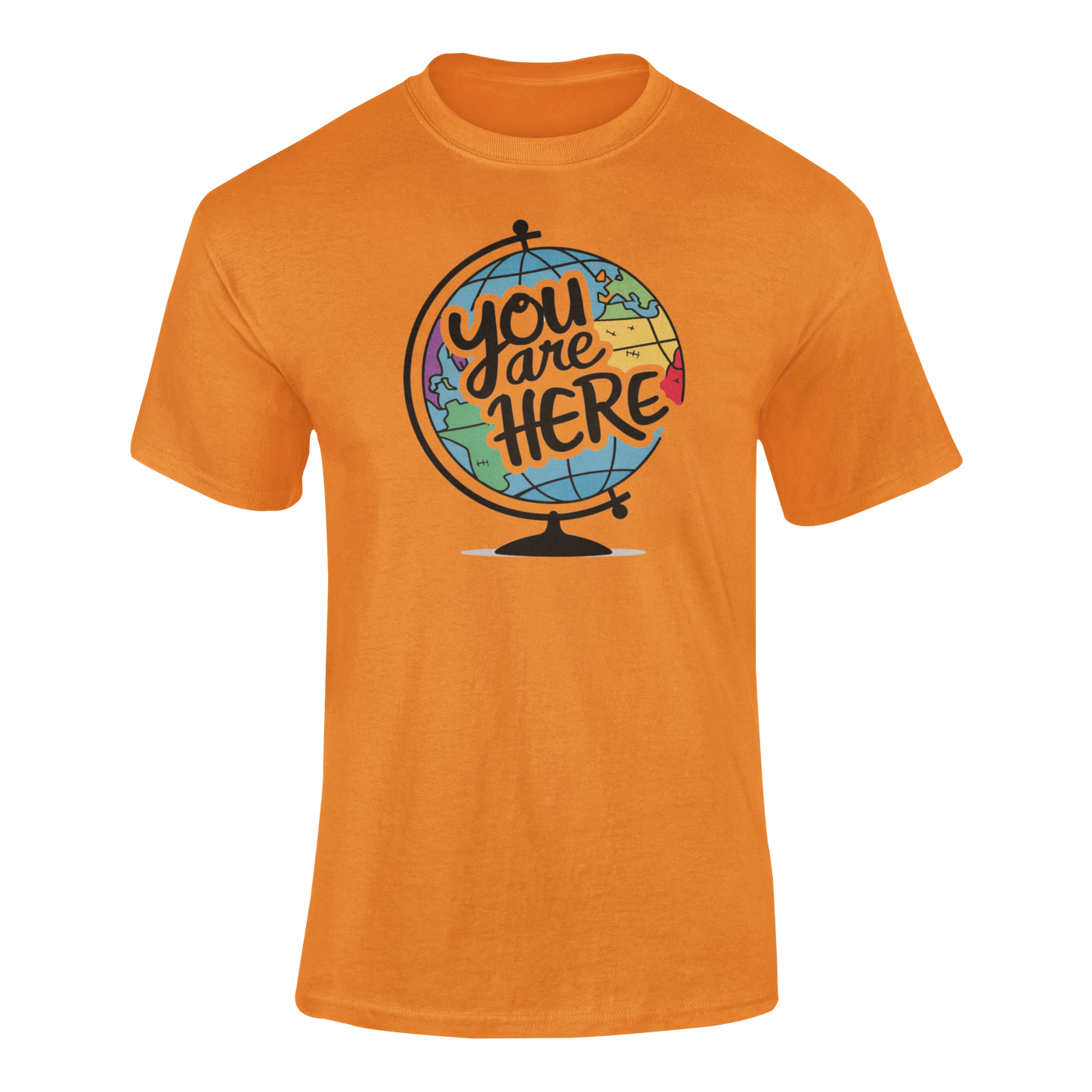 a orange  illustration of a world globe with the funny caption You Are Here