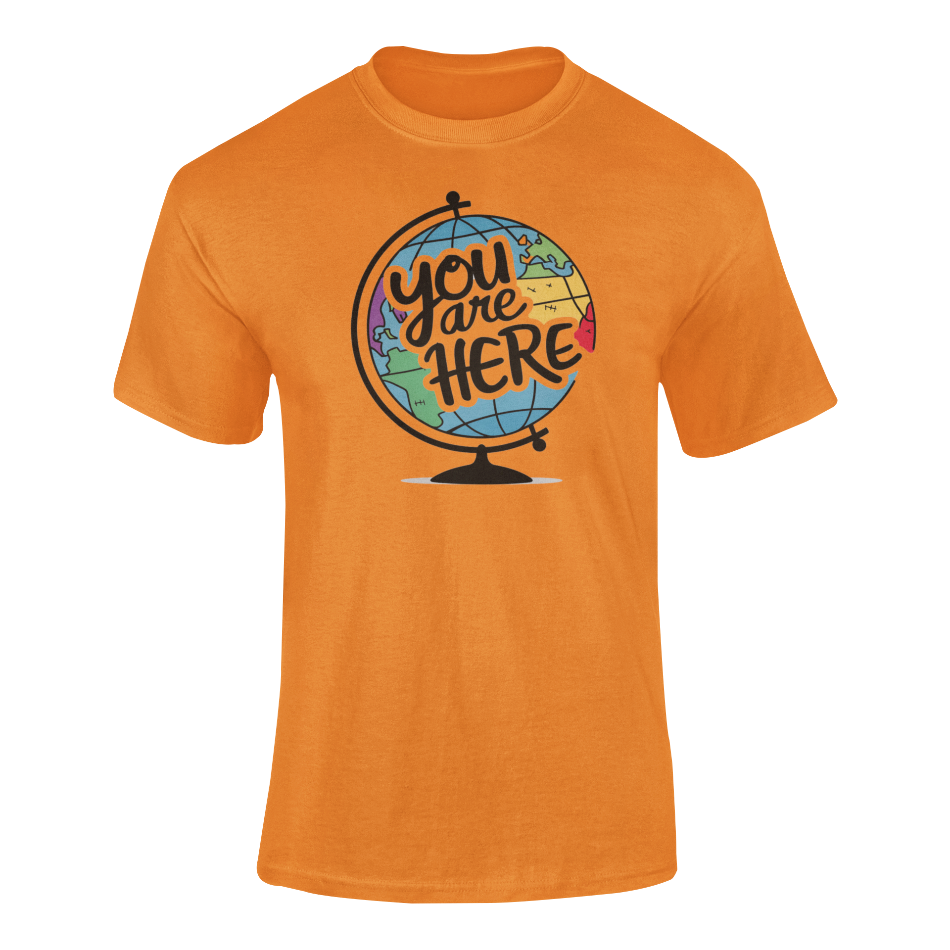 a orange  illustration of a world globe with the funny caption You Are Here