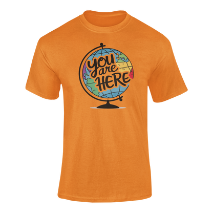 a orange  illustration of a world globe with the funny caption You Are Here
