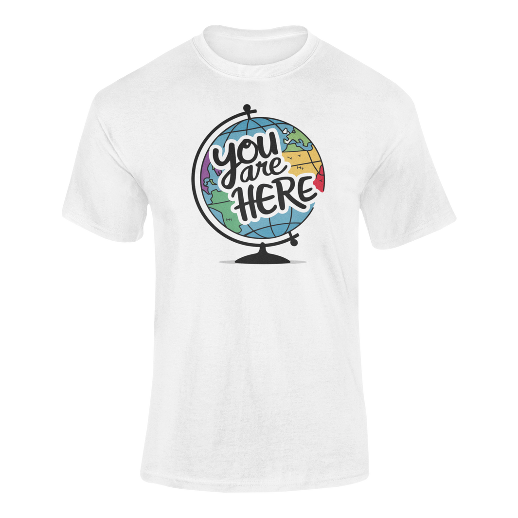 a  white illustration of a world globe with the funny caption You Are Here