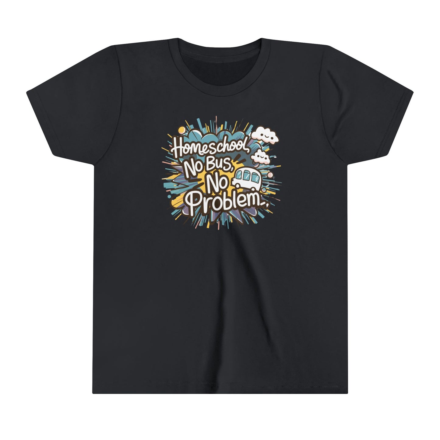 a kids shirt with the slogan homeschool no bus no problem a bus sputters away in the background