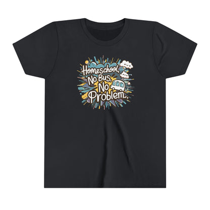 a kids shirt with the slogan homeschool no bus no problem a bus sputters away in the background