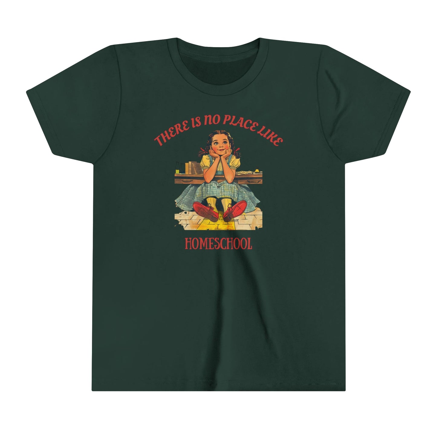 a kids t shirt a girl smiling above golden bricks with the slogan there is no place like homeschool