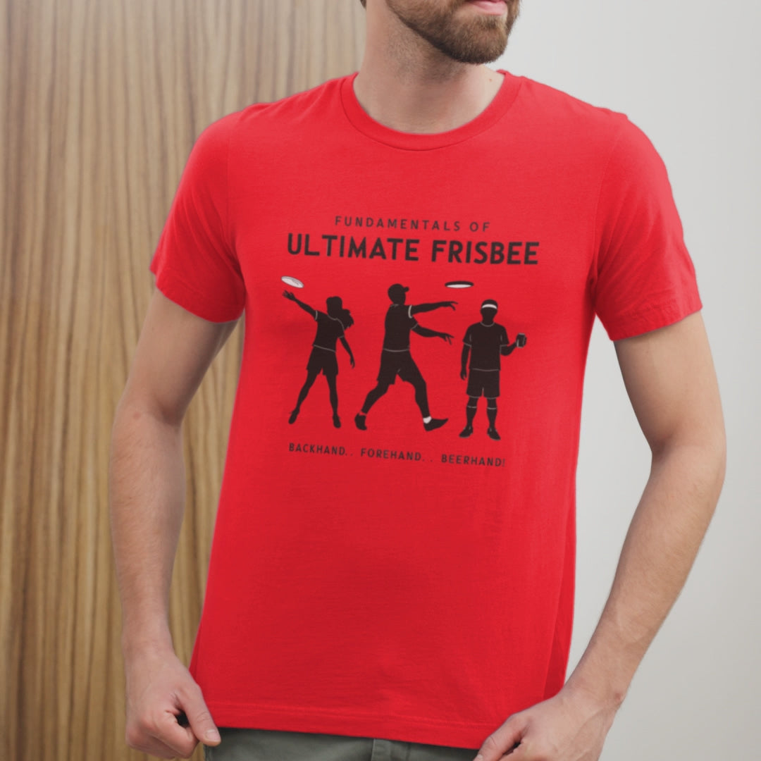 a video of a young man sporting a t shirt with a three stages of ultimate frisbee of people tossing of fundamentals of ultimate frisbee-backhand forehand and beerhand