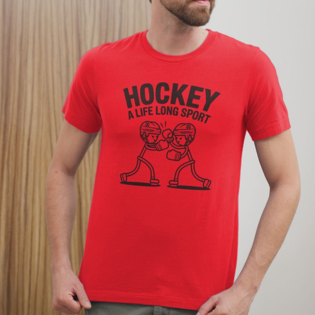 a video of a male wearing a funny t-shirt with two stickman hockey players boxing with the slogan Hockey A Life Long Sport