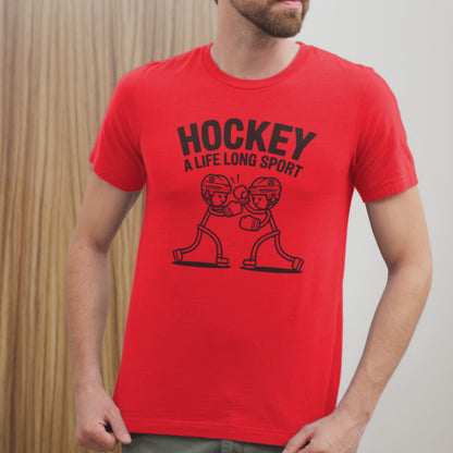 a video of a male wearing a funny t-shirt with two stickman hockey players boxing with the slogan Hockey A Life Long Sport