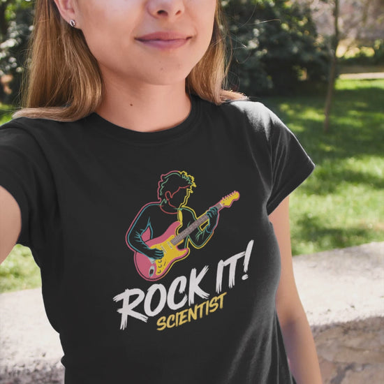 a video of young cool woman wearing A t-shirt with rock star jamming with the slogan Rock It Scientist