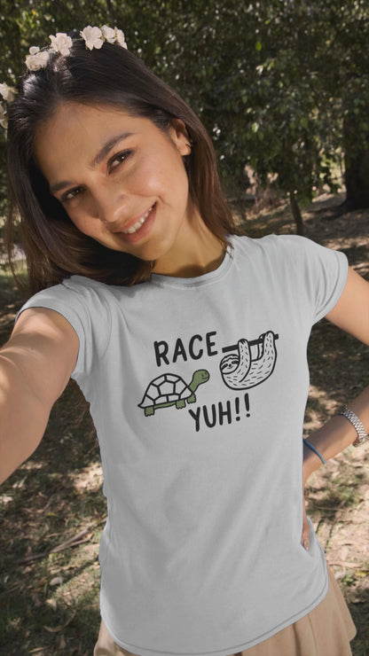 a video with a woman wearing a t shirt with a turtle challenging a sloth to a race with the caption Race Yuh