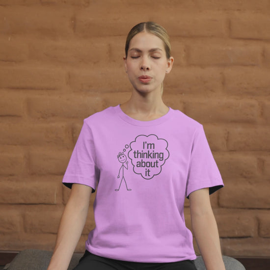 a video of woman practicing yoga wearing a  I'm Thinking About it T-Shirt With Stickman In Deep Yoga thought