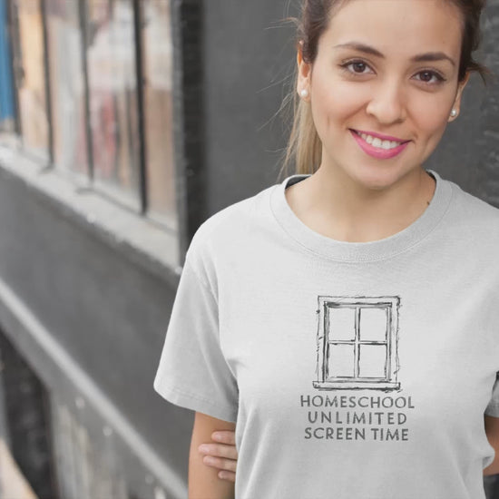a video with a young woman wearing a shirt with a frame of window with the words Homeschool Unlimited Screen Time