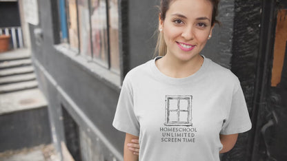a video with a young woman wearing a shirt with a frame of window with the words Homeschool Unlimited Screen Time