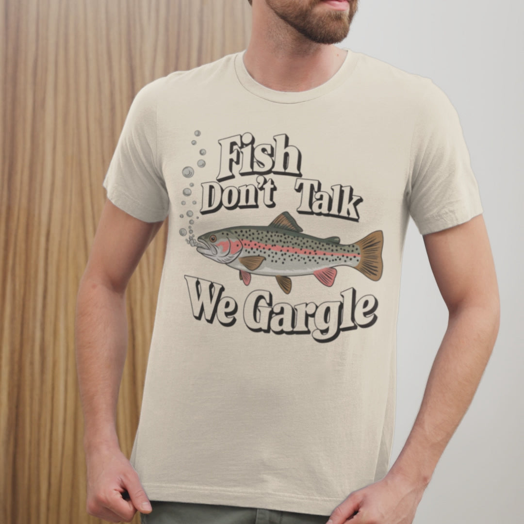 a video of a man wearing a Fish Don't Talk We Gargle Fish Gift Shirt