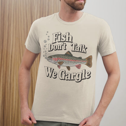 a video of a man wearing a Fish Don't Talk We Gargle Fish Gift Shirt