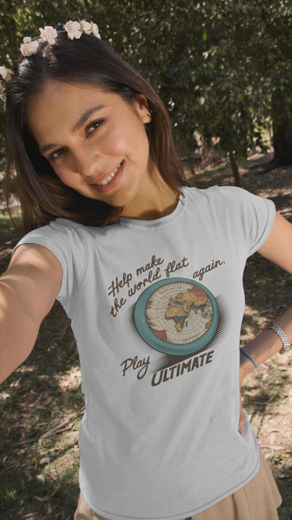 a video of woman sporting a  t-shirt with a flying frisbee of the world printed on it with the caption Help Make The World Flat Again Play Ultimate