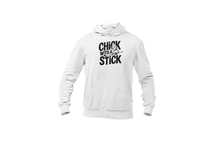 A white  hoodies with the hockey slogan Chick With A Stick