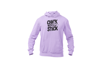 A light purple hoodies with the hockey slogan Chick With A Stick