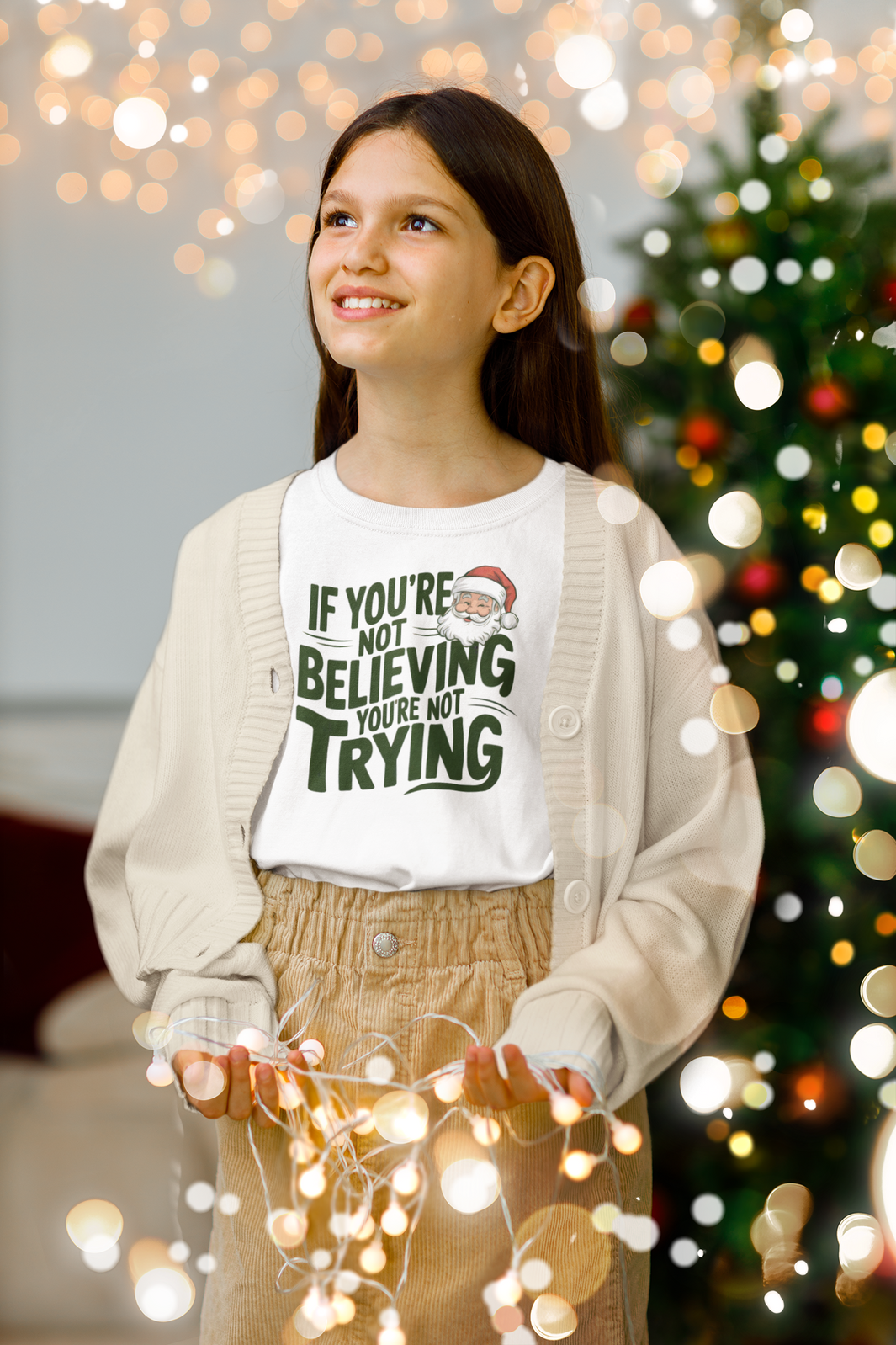 girl in christmas t-shirt wearing a If you're not beieving you're not trying gift 