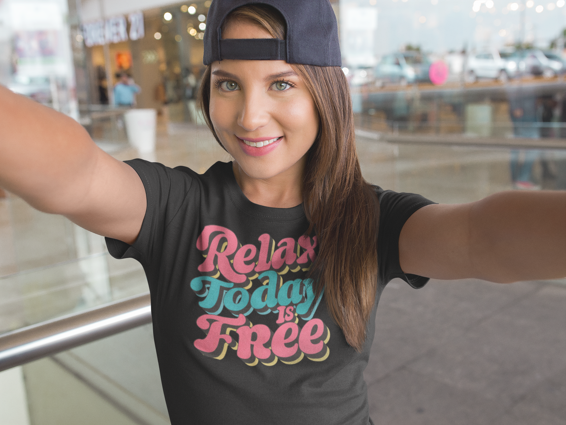 a girl in the gym with a black t-shirt with the caption relax today is free