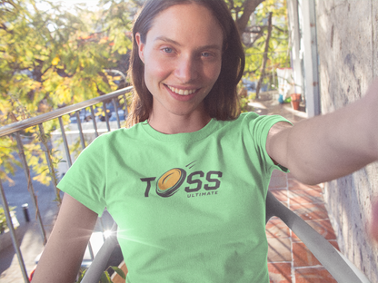 a hip woman wearing Toss Ultimate Frisbee Company Shirt featuring flying frisbee in logo