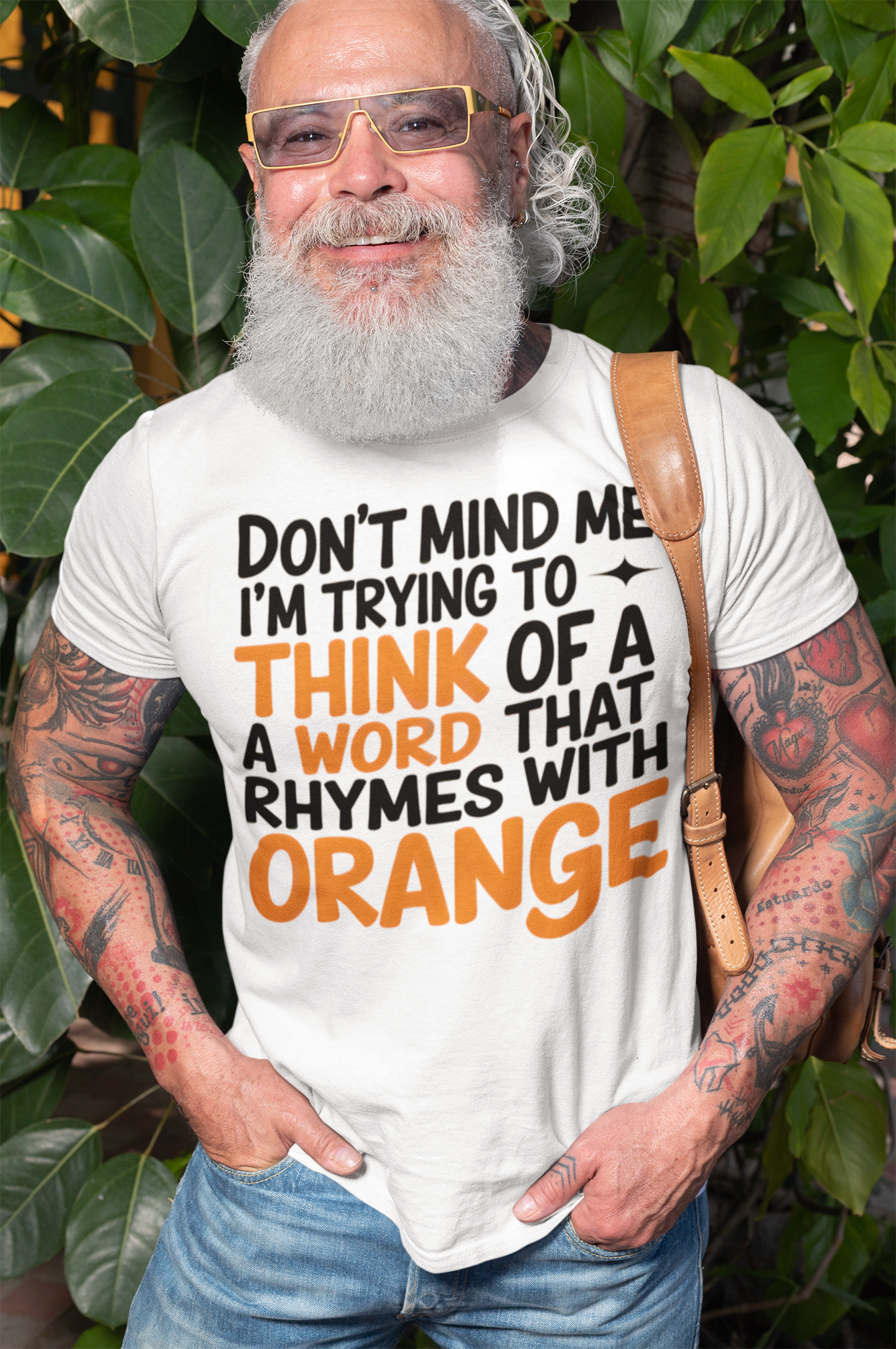 a mautre man wearing a word game shirt Don't Mind Me I'm thinking Of Orange funny t-shirt
