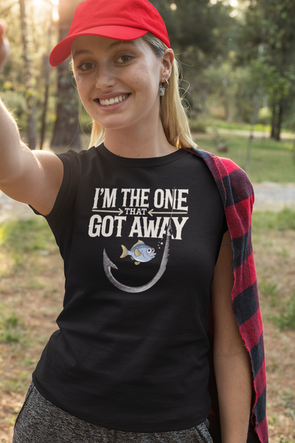 a great fishing gift for a I'm The One That Got Away Angler Shirt with fish hook