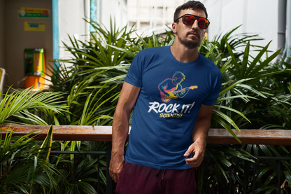 a hip man wearing gift t-shirt with rock star jamming with the slogan Rock It Scientist