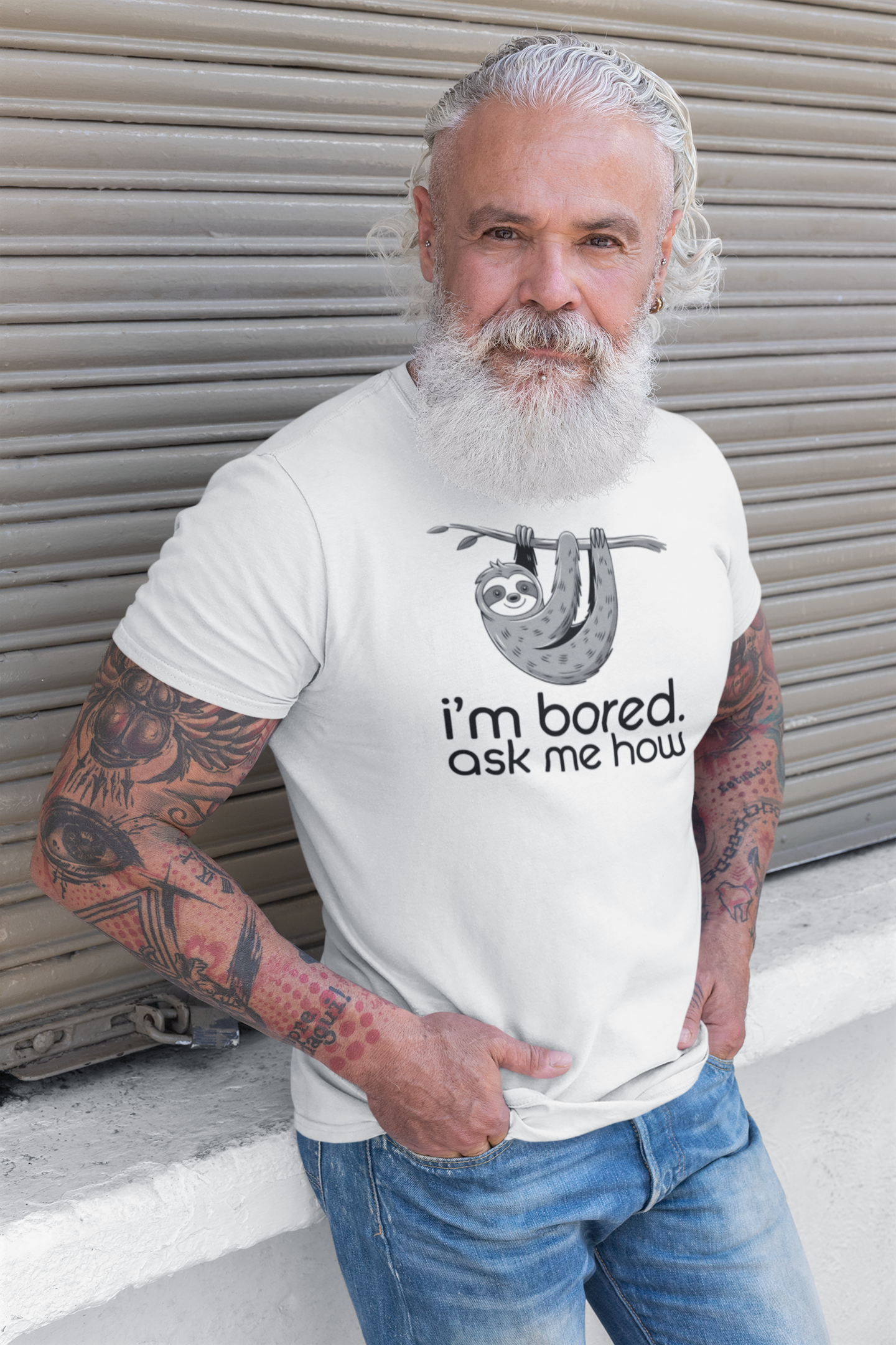a mature man wearting a funny zoo I'm Bored Ask Me How Sloth Shirt