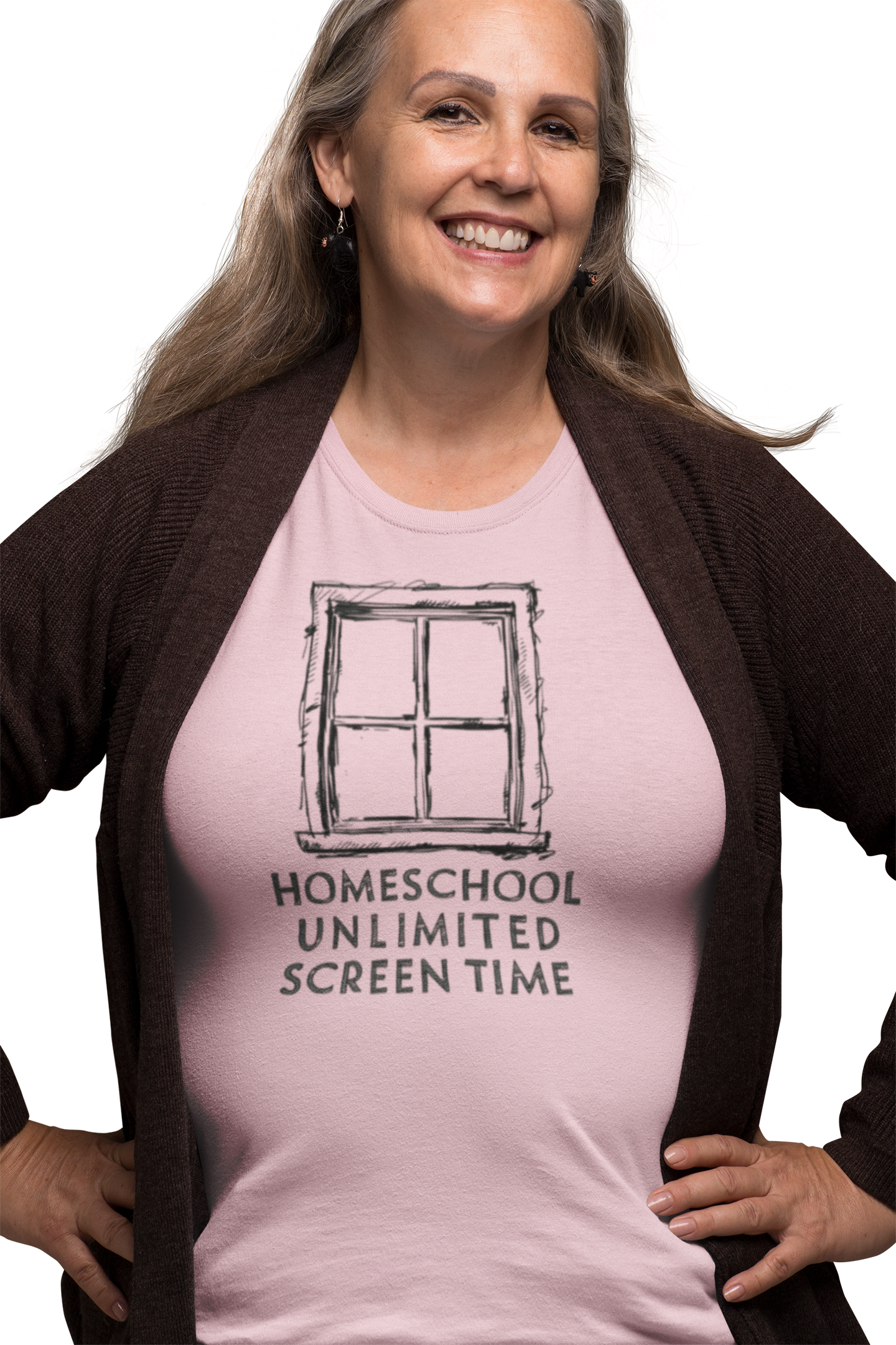 a mature woman wearing a shirt with a frame of window with the words Homeschool Unlimited Screen Time