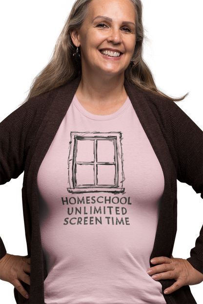 a mature woman wearing a shirt with a frame of window with the words Homeschool Unlimited Screen Time