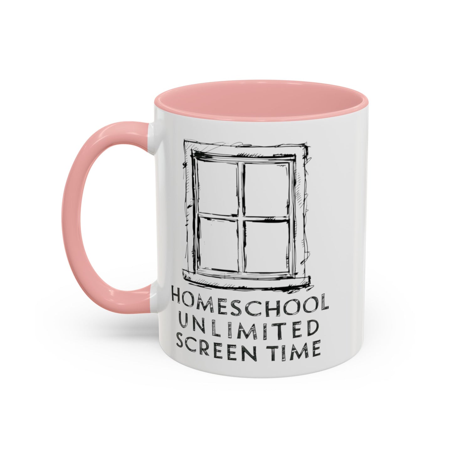  on the mug a window frame with the slogan homeschool unlimited screen time