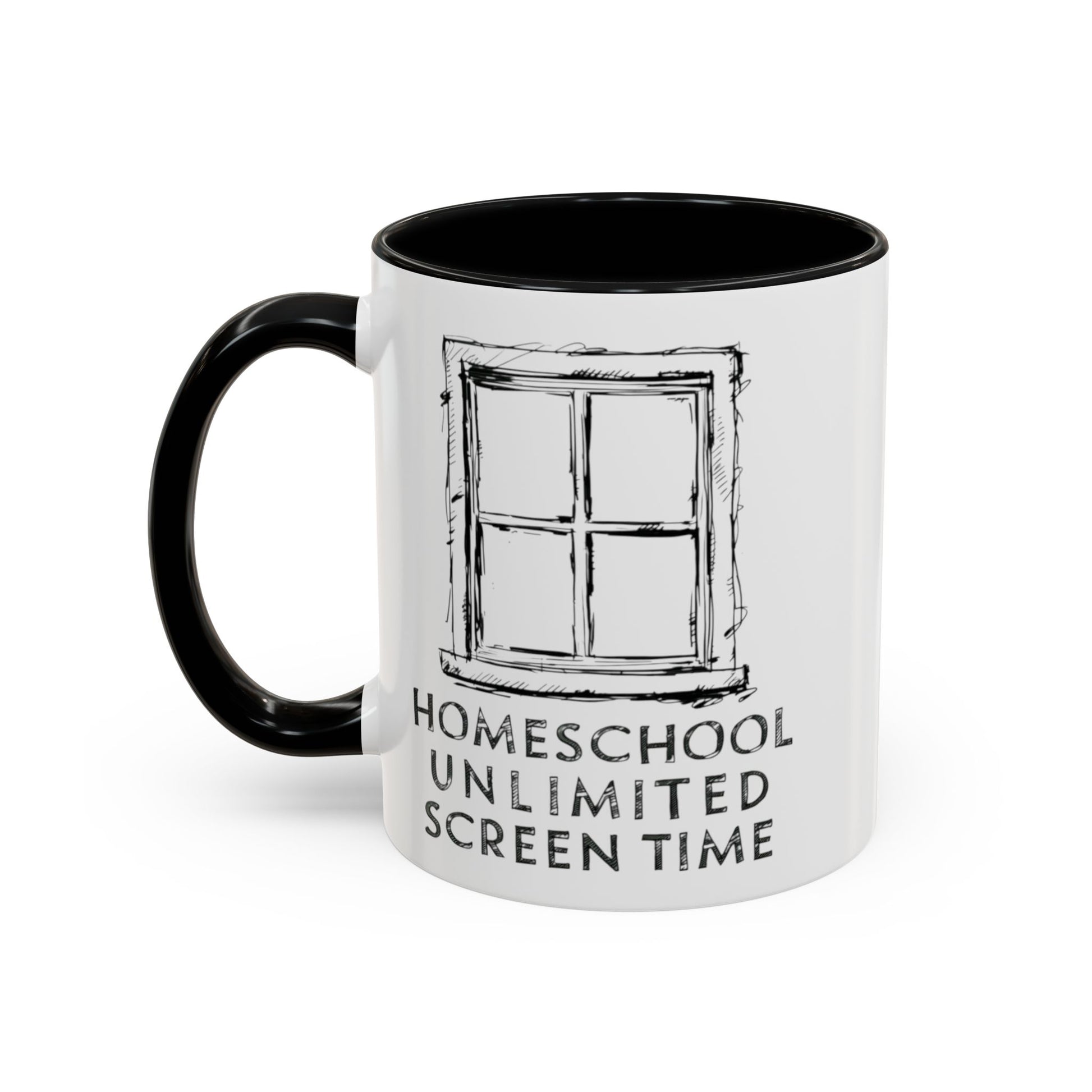  on the mug a window frame with the slogan homeschool unlimited screen time