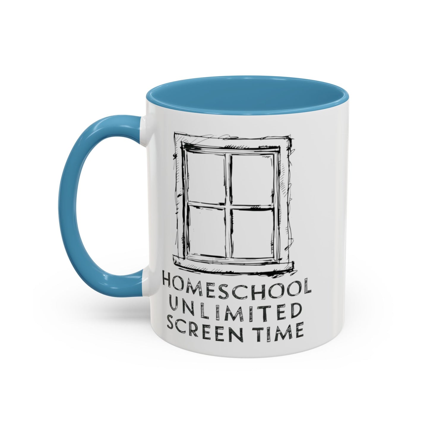  on the mug a window frame with the slogan homeschool unlimited screen time