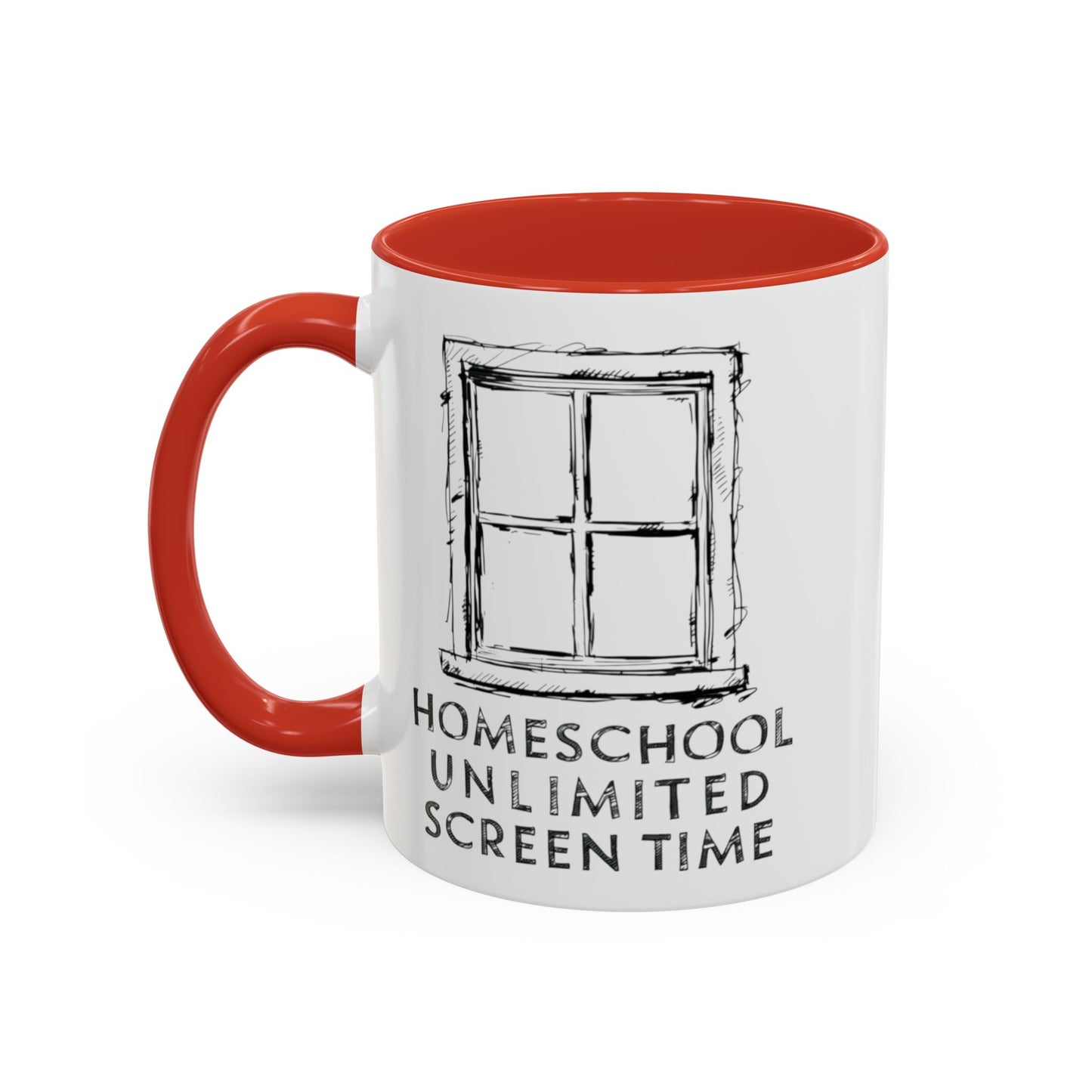  on the mug a window frame with the slogan homeschool unlimited screen time