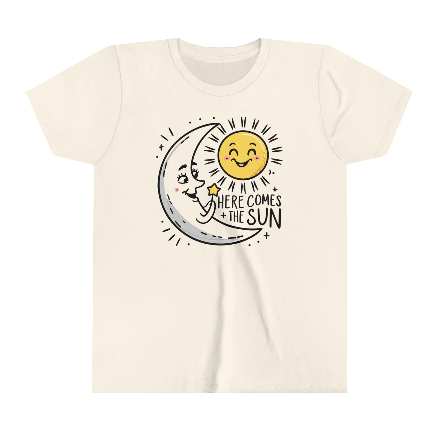 A youth shirt with the happy moon greeting the sun and the slogan here comes the sun